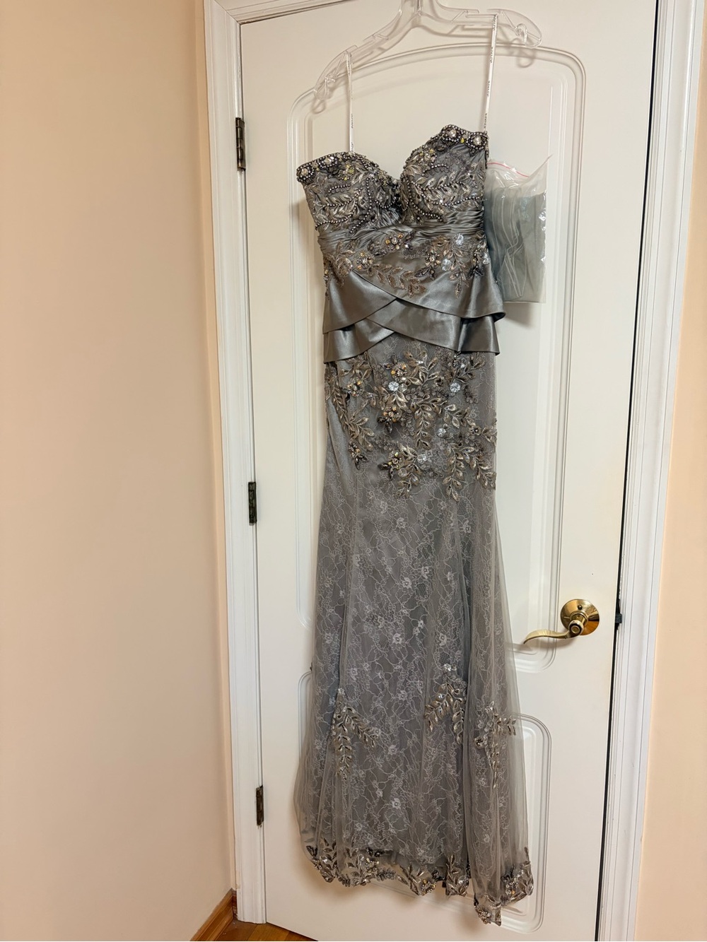 Jovani Silver-Gray Strapless Embellished Evening Gown